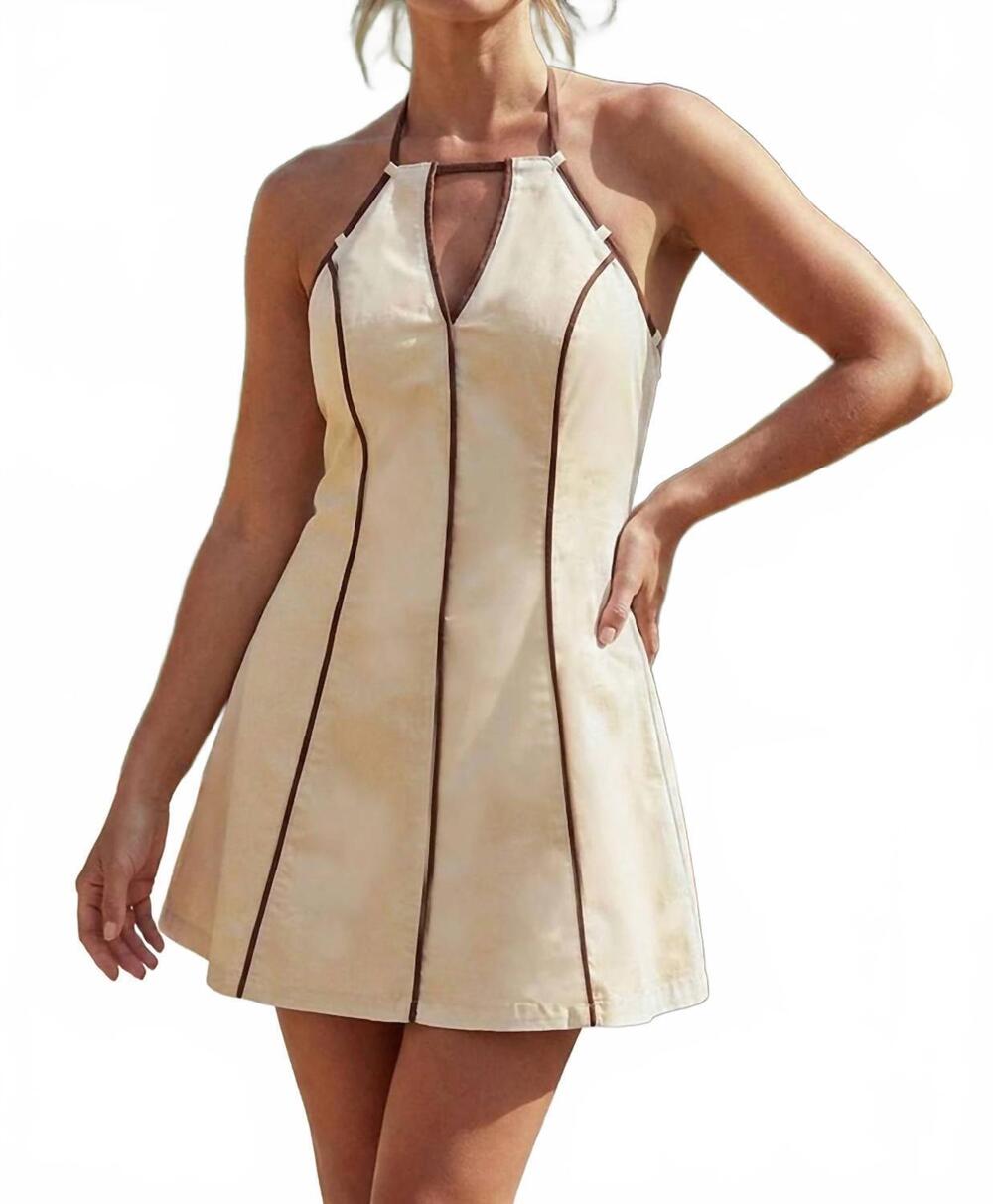 NEW BABY PINK a-line halter mini dress with contrast piping in cream